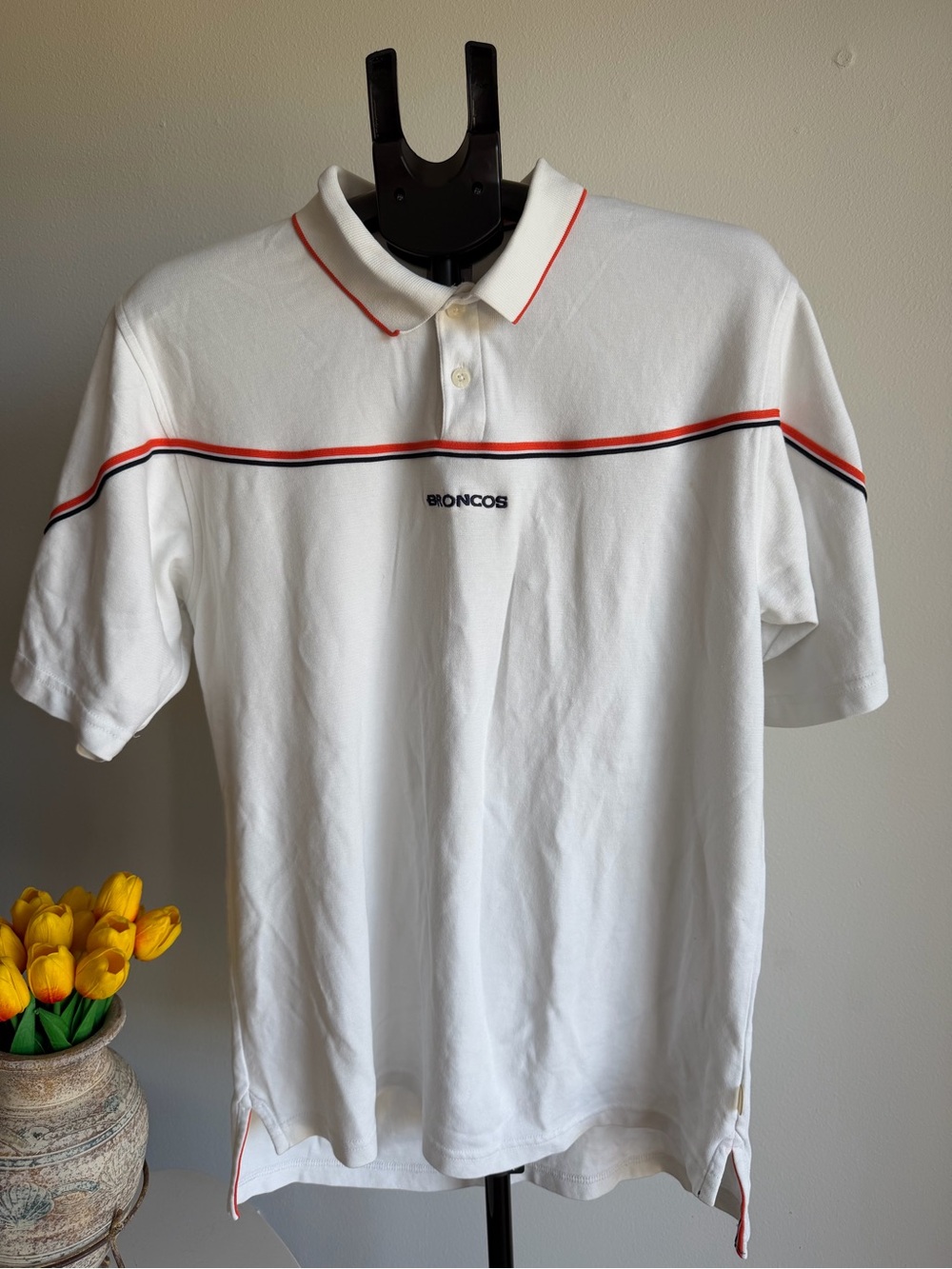 NFL White Polo with Orange & Navy Stripes - Broncos Embroidered